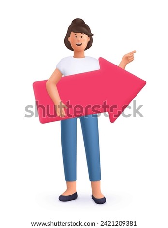 Young smiling woman holding direction arrow banner and pointing right up. 3d vector people character illustration. Cartoon minimal style.