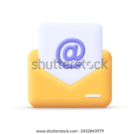 Open envelope with paper sheet and e-mail icon with at symbol. 3d vector icon. Cartoon minimal style.