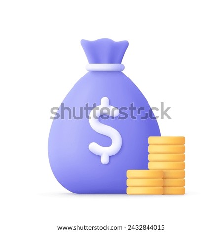 Money bag with dollar sign and golden coin stack. Business, finance, banking and investment concept. 3d vector icon. Cartoon minimal style.