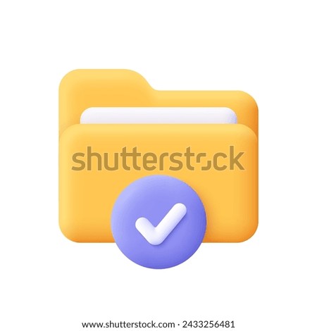 Folder with document and check mark notification button. Data storage. security protection concept. 3d vector icon. Cartoon minimal style.
