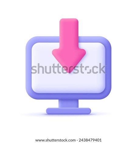 Computer monitor screen with upload, download arrow. Database, file download, cloud storage concept. 3d vector icon. Cartoon minimal style.