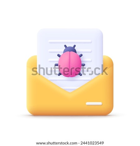 Envelope with mail and virus bug spam alert. Mail infected malware. Email spam, phishing, scam and hacker attack concept. 3d vector icon. Cartoon minimal style.