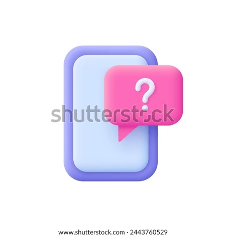 Smartphone mobile screen and speech bubble with question mark sign. FAQ, support, help and solution concept. 3d vector icon. Cartoon minimal style.