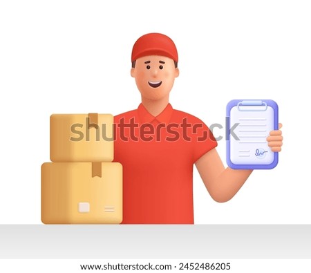 Delivery courier man in red uniform with cardboard package box and document notepad. Safe delivery of goods concept. 3d vector people character illustration. Cartoon minimal style.