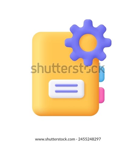 Book with cog gear wheel. Rules guideline or user manual book. Settings, instruction and support concept. 3d vector icon. Cartoon minimal style.