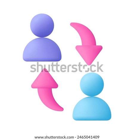 Persons and rounded arrow. Delegating, distribution, employee staff turnover, and job rotation. Change and switch user. Human resources concept. 3d vector icon. Cartoon minimal style.