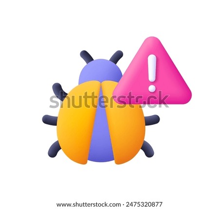 Bug with warning symbol, triangle with exclamation point. Cyber virus, malware. Cyber security concept. 3d vector icon. Cartoon minimal style.