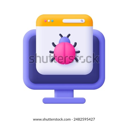 Computer with webpage and bug . Cyber virus, malware. Cyber security concept. 3d vector icon. Cartoon minimal style.