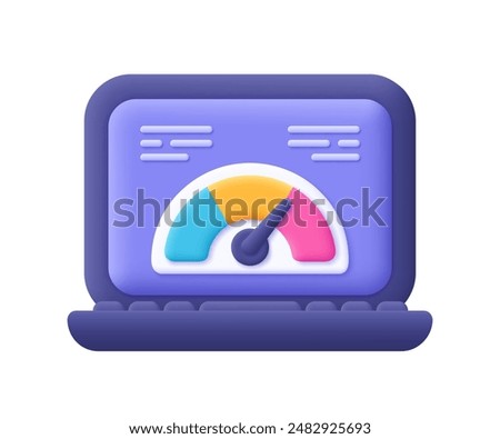 Laptop with speedometer on the screen. Speed test of internet connection, speed optimization and SEO concept.3d vector icon. Cartoon minimal style.