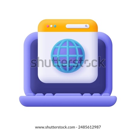 Laptop with webpage and world wide web symbol. Internet, globe hyperlink, browser and internet communication concept. 3d vector. Cartoon minimal style.