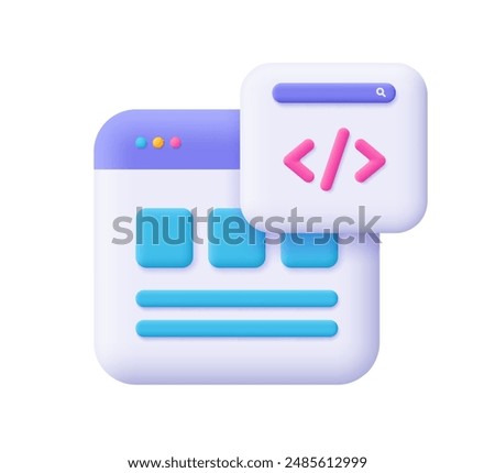 Webpage with code symbol. Web Development, software engineering, programming and coding concept.. 3d vector icon. Cartoon minimal style.