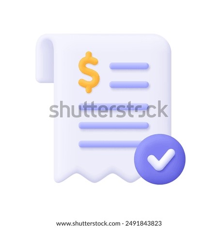 Receipt bill with check mark. Approved invoice bill. Finance, banking and payment transaction concept. 3d vector icon. Cartoon minimal style.