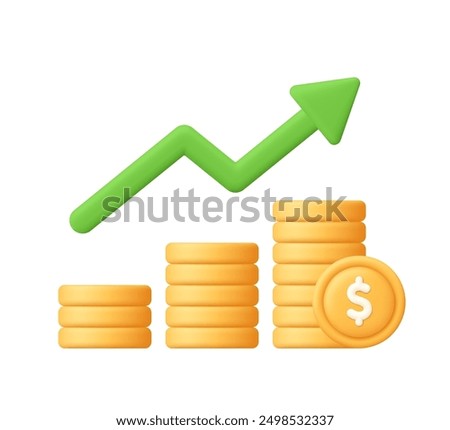 Coin stack growth chart with increasing arrow. Finance, capital and money increase concept. 3d vector icon. Cartoon minimal style.