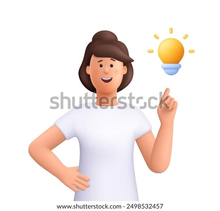 Young smiling woman pointing finger up to light bulb. Creativity innovation, creative thinking and idea concept. 3d vector people character illustration. Cartoon minimal style.