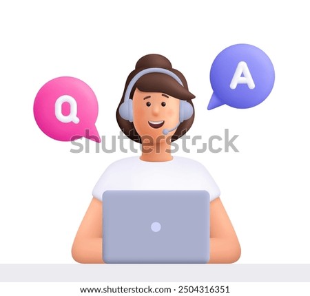 Office operator with headset and speech bubble QA, talking with clients. Customer service, call center, customer support, questions and answers, faq chat concept. 3d vector people character. 