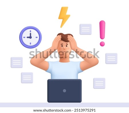 Stressed and busy man working on computer, holding head in hands, failed to meet deadline. Deadline pressure, stressful job. 3d vector people character. Cartoon minimal style.