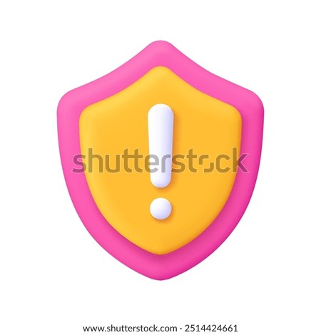 Security shield with exclamation point. Cyber safety, security and protection, warning attention and risk concept. 3d vector icon. Cartoon minimal style.