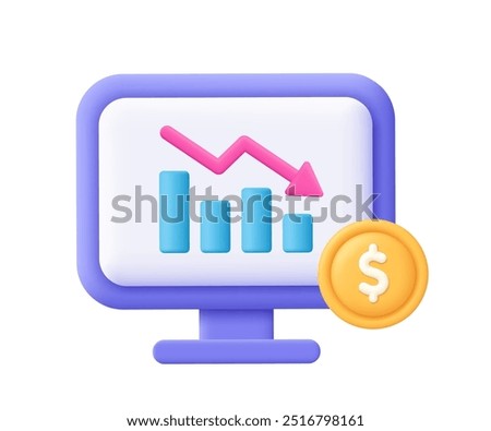 Computer and descending chart graph with down arrow, coin with dollar sign. Economic crisis, bankruptcy, trading decrease, business and finance risk concept.3d vector icon. Cartoon minimal