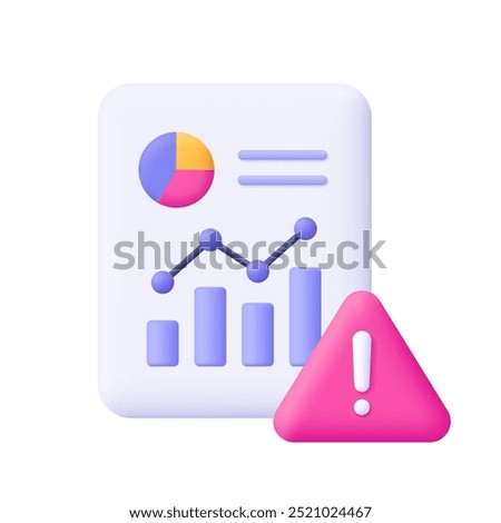 Document with chart graph, diagram and warning symbol, triangle with exclamation point. Data report, analysis and analytics, financial and business risk concept. 3d vector icon. Cartoon minimal style.