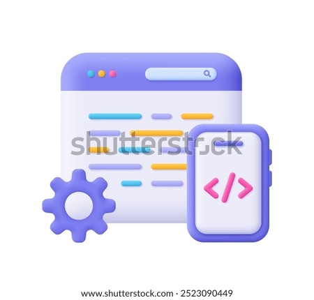 Web page and smartphone with code symbol and gear cogwheel. Web development, software engineering, setting and tools, programming and coding concept. 3d vector icon. Cartoon minimal style.