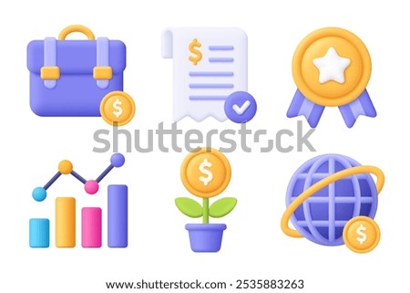 Briefcase, bill, medal, chart, globe, coin plant. Business 3d vector icon set. Cartoon minimal style.