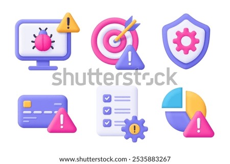 Business risk and risk management 3d vector icon set. Computer, target, shield, credit card, diagram, file. Cartoon minimal style.