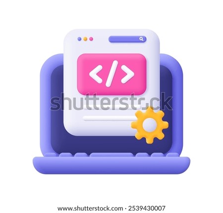 Laptop and web page with code symbol and gear cogwheel. Web development and SEO, software engineering, setting and tools, programming and coding concept. 3d vector icon. Cartoon minimal style.