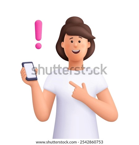 Young smiling woman holding smartphone and pointing to exclamation point. Idea, warning or attention concept. 3d vector people character. Cartoon minimal style.