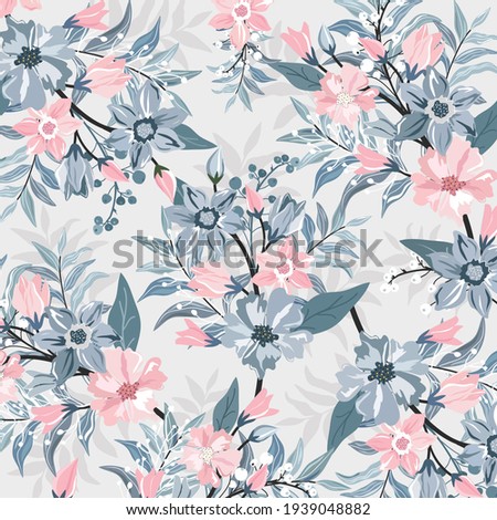 Pink and blue blossom with leaf pattern. Beautiful bouquet flower.