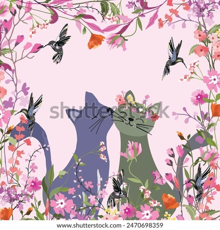 Cute a couple kitty cat and humming bird in flora frame