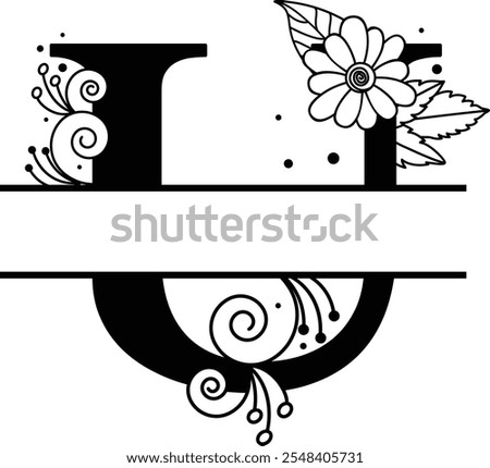 Customizable Black and White Floral Letter U Monogram, Split Alphabet Family Sign