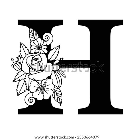 Decorative Black and White Floral Monogram Alphabet H with Flowers, Leaves, and Vines