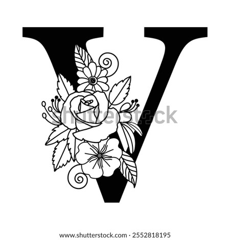 Elegant Floral Letter V Monogram, Botanical Alphabet Logo Illustration, Typography Family Name Signs