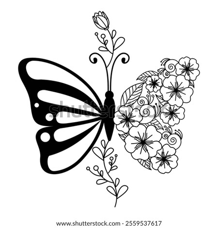 Black and White Butterfly and Floral Fusion Art Design with Flowers, Leaves, and Swirling Botanical Accents