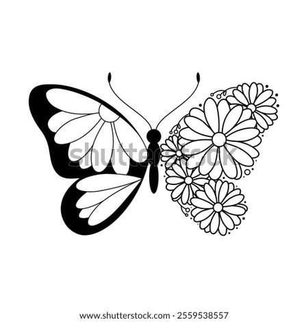 Botanical Butterfly and Daisy Fusion art, Black and White Logo Illustration