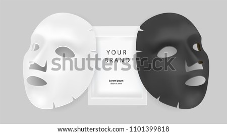 Black and white facial mask cosmetics ads. Realistic vector illustration. Package design for face mask isolated on grey background.
