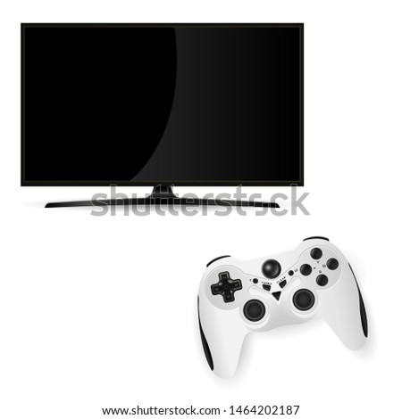 Black Tv Monitor. Vector Flat Television Screen with Gamepad Controller. Videogame Challenge Console. Modern Lcd Plasma on Stand with Joystick isolated on White. Computer Gamer Play Station