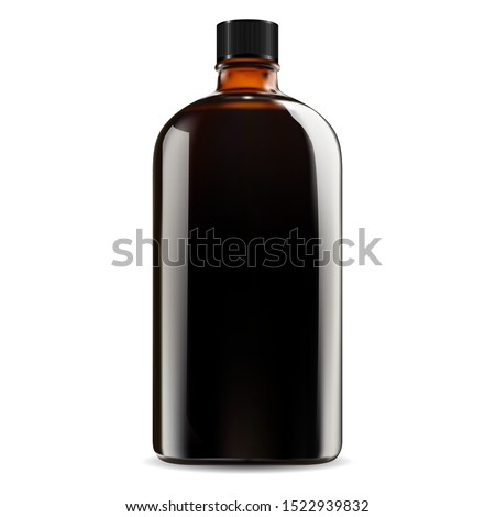 Brown glass bottle. Cosmetic, medical syrup jar mockup. Pharmacy vector vial realistic blank. Liquid medicament packaging illustration with screw cap. Round amber cold coffee brew storage