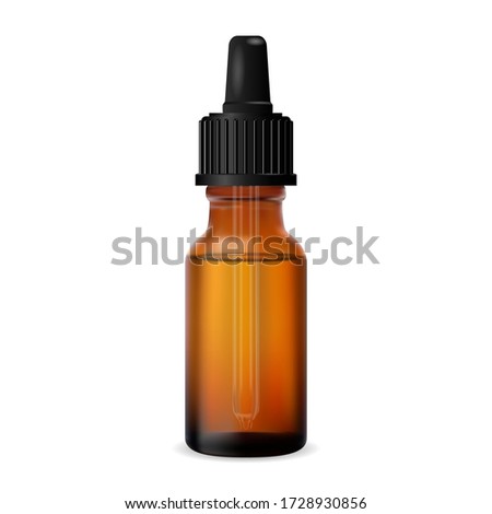 Essential oil bottle. Brown dropper cosmetic vial. Organic aromatherapy essence mock up with eyedropper. Skin care serum glass drop package. Medical nasal treatment liquid 3d blank