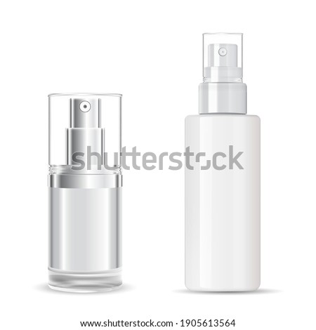 Cosmetic spray bottle. Transparent plastic package design mockup. Clear perfume bottle template. Atomizer pump glass container for skin care aerosol, liquid toner. Realistic acrylic packaging