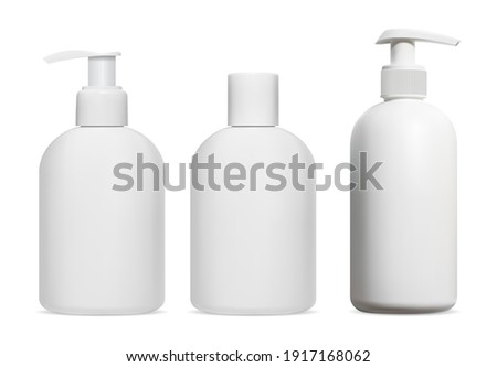 Shampoo bottle. Cosmetic lotion, gel, soap dispenser blank mockup, isolated. 3d vector design of plastic package for shower cream, bath product. Moisturizer template mock up, pump dispenser