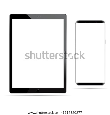 Tablet vector mockup black white screen isolated. Smartphone mockup, digital cell phone template on white background, realistic touch technology design. Electronic mobile device illustration