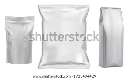 Food bag. White vector package. Food pouch foil pack. 3d sachet for snack product mockup design. Chaocolate Foil packet. Pillow bag for chips or cookie. Coffee bag, tea container