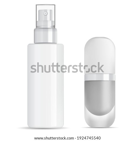 Spray cosmetic bottle. Foundation package mockup. Mist pump container blank. Makeup foundation bottle glass for commercial or advertising. Parfum fragrance deodorant. Concealer object