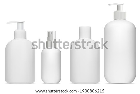 Cosmetic bottle mockup. Cosmetic product package. Pump container collection. Cosmetic essence spray, luxury hygiene collection. body spa lotion, white plastic template. Skin milk vial