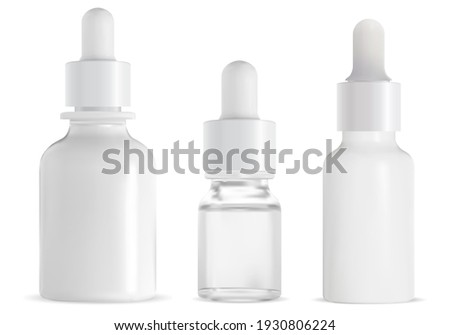 Dropper bottle. Cosmetic serum drop pipette mockup. Glass bottle, eyedropper essence package, 3d vector. Collagen essence treatment medical vial. Face beauty essential aroma jar. Skin care