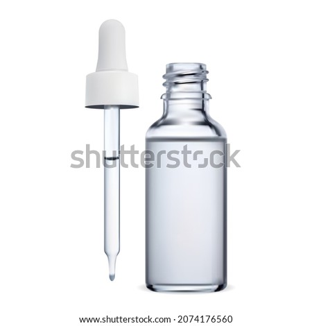 Serum bottle. Collagen essence dropper bottle design. Face therapy treatment with glass pipette, q10 enzyme solution on white background. Blue glass droplet bottle, essential oil brand