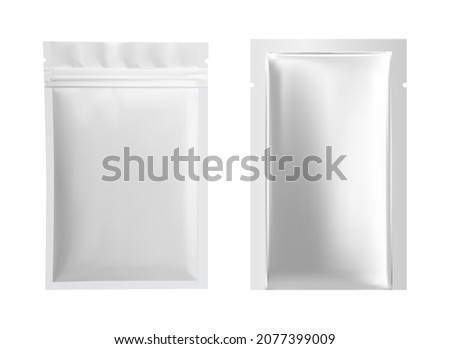 Siver pouch. Mask sheet foil package. silver plastic sachet mockup sample. Facial skin mask packaging design. Food zipper bag template, aluminum paper wrapper