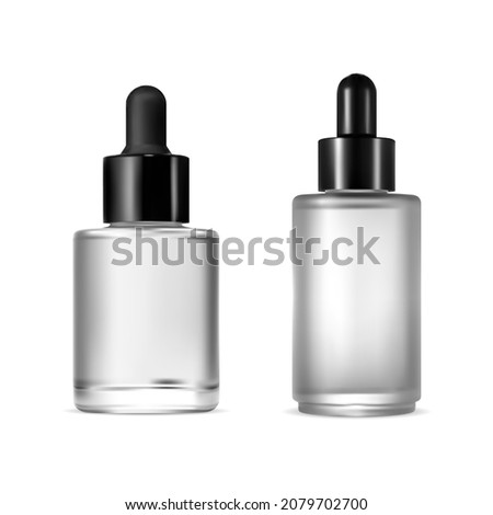 Set of dropper bottles for cosmetic serum, black and white mockup. Transparent glass container with eyedropper cap for collagen product. Essential oil bottle, face care treatment vial