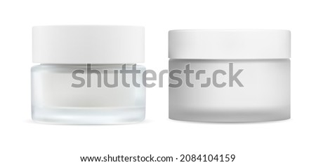 White cream jar. Cosmetic cream glass package mockup. Skin blush care makeup powder product pack, round sample design. Beauty creme container, butter or scrub isolated blank